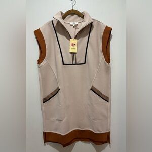 Entro Ribbed Colorblock Quarter Zip Dress Taupe Sporty Chic Stretch NWT Womens L